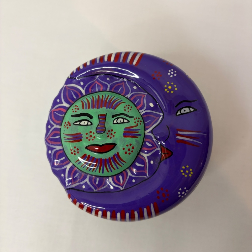 Trinket Jewelry Box Mexican Folk Art Hand-Painted Isidoro Red Clay Sun Moon